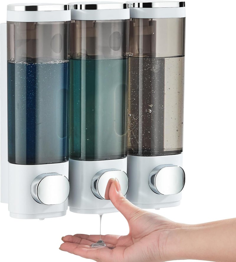 pollock Shampoo and Conditioner Dispenser, Shower Soap Dispenser 3 Chamber No Drill, Wall Mounted Shampoo Body Wash Conditioner for Bathroom Large Capacity,White - Image 1
